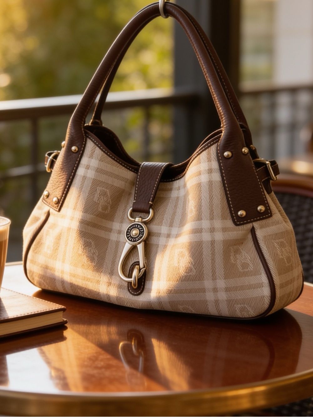 Dooney & Burke chocolate brown leather & tan plaid satchel style bag,adjustable